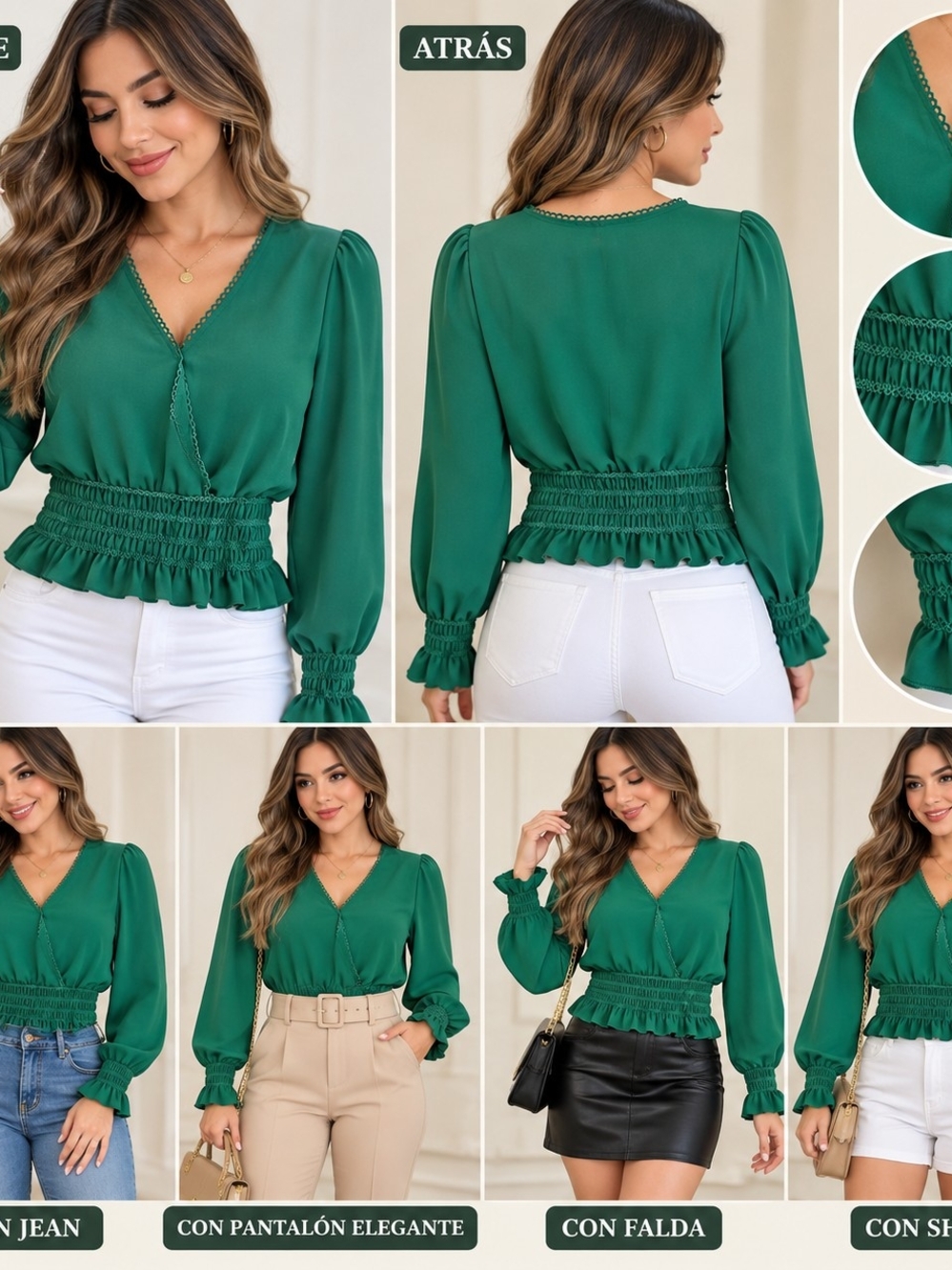 Women's Emerald Green Smocked Waist V-Neck Blouse - Classic Fit